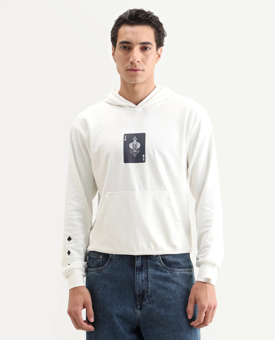 Rare Rabbit Men's Meloro Off White Cotton Blend Graphic Print Regular Fit Full Sleeve Hooded Sweatshirt