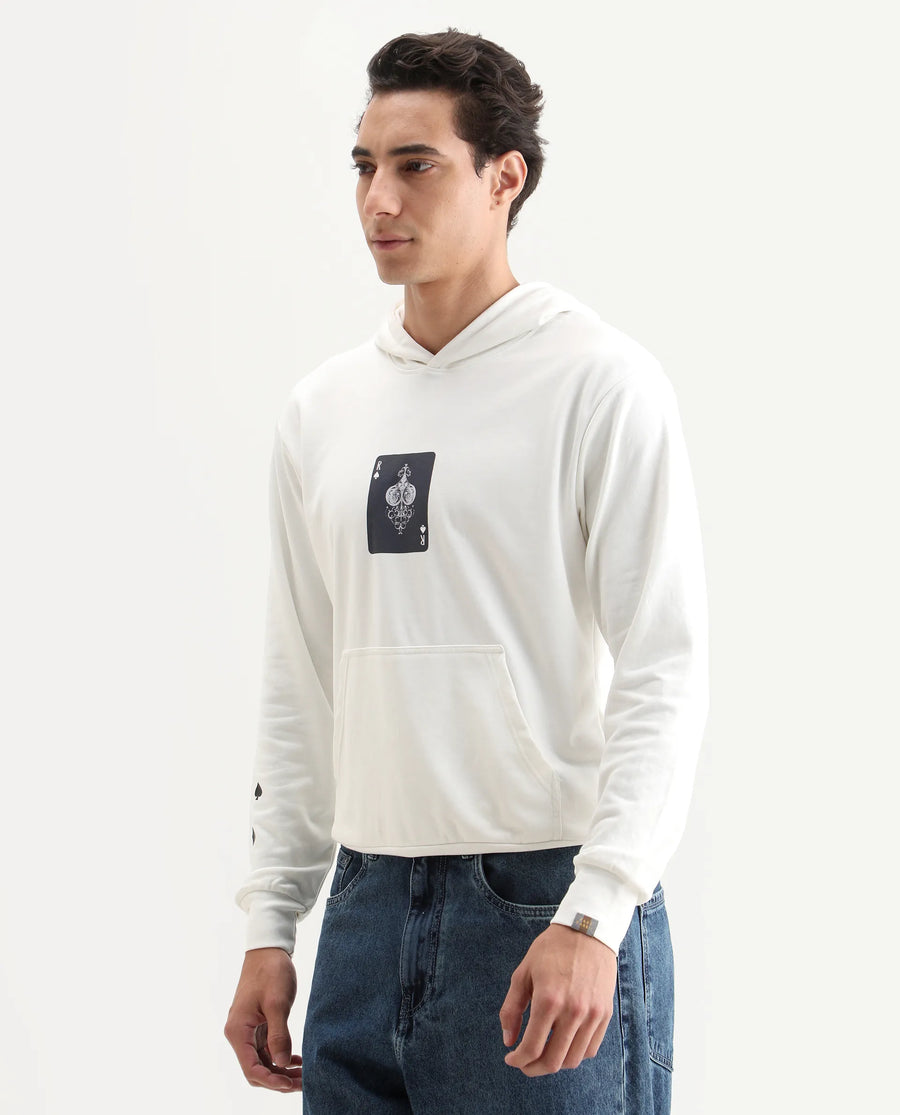 Rare Rabbit Men's Meloro Off White Cotton Blend Graphic Print Regular Fit Full Sleeve Hooded Sweatshirt