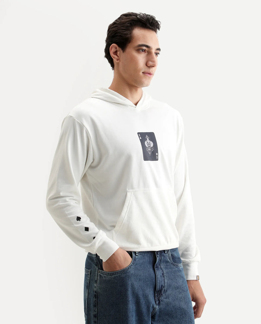 Rare Rabbit Men's Meloro Off White Cotton Blend Graphic Print Regular Fit Full Sleeve Hooded Sweatshirt
