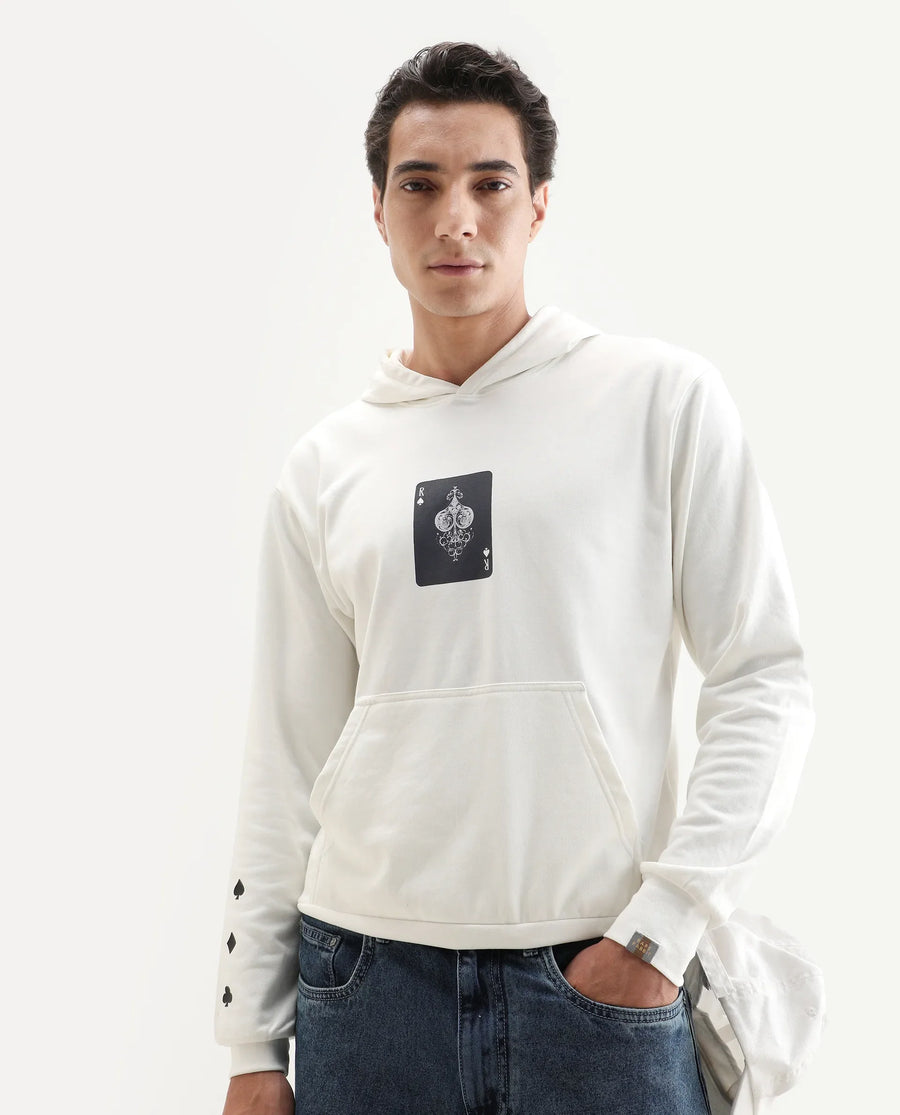 Rare Rabbit Men's Meloro Off White Cotton Blend Graphic Print Regular Fit Full Sleeve Hooded Sweatshirt