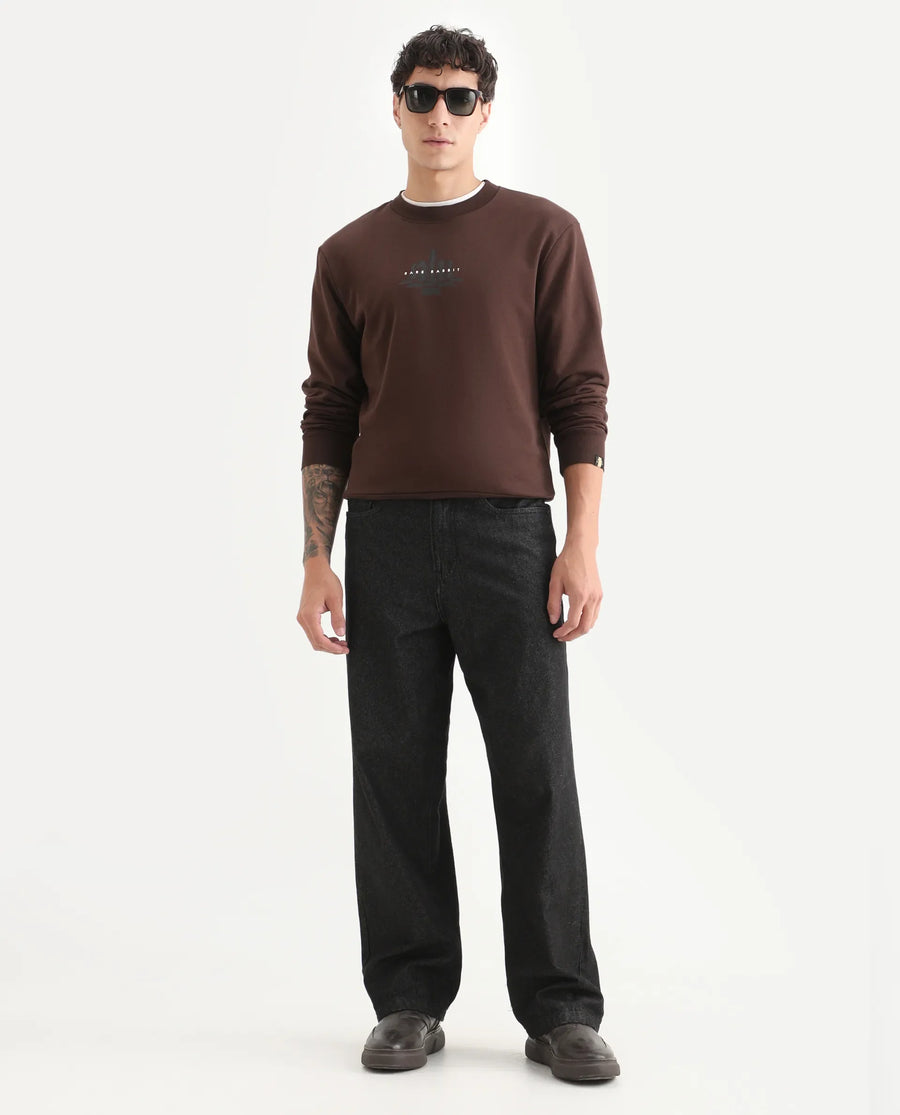 Rare Rabbit Men's Marq Dark Brown Polyester Graphic Print Regular Fit Full Sleeve Crew Neck Sweatshirt