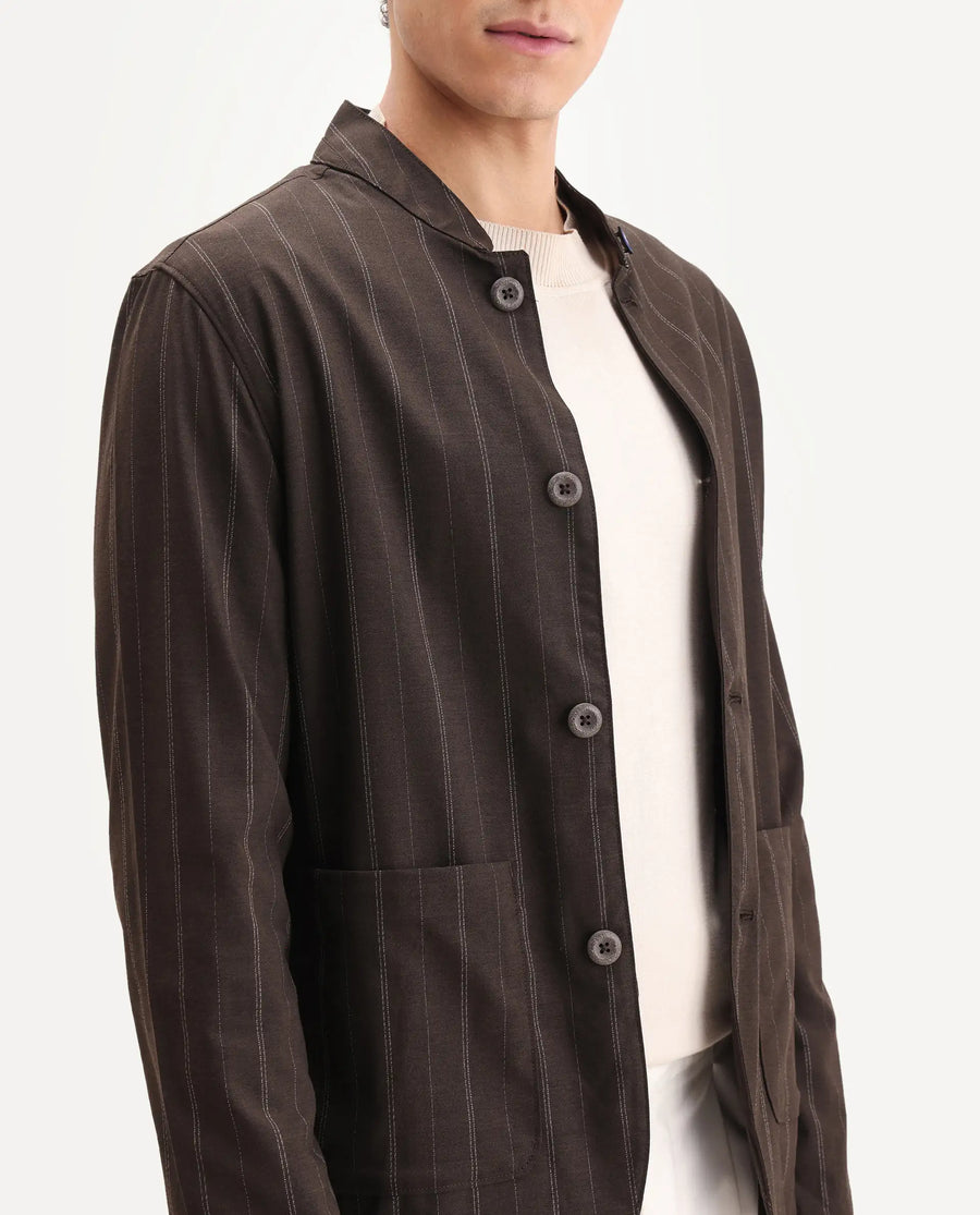 Rare Rabbit Men's Jars Brown Polyester Striped Print Regular Fit Full Sleeve Spread Collar Jacket