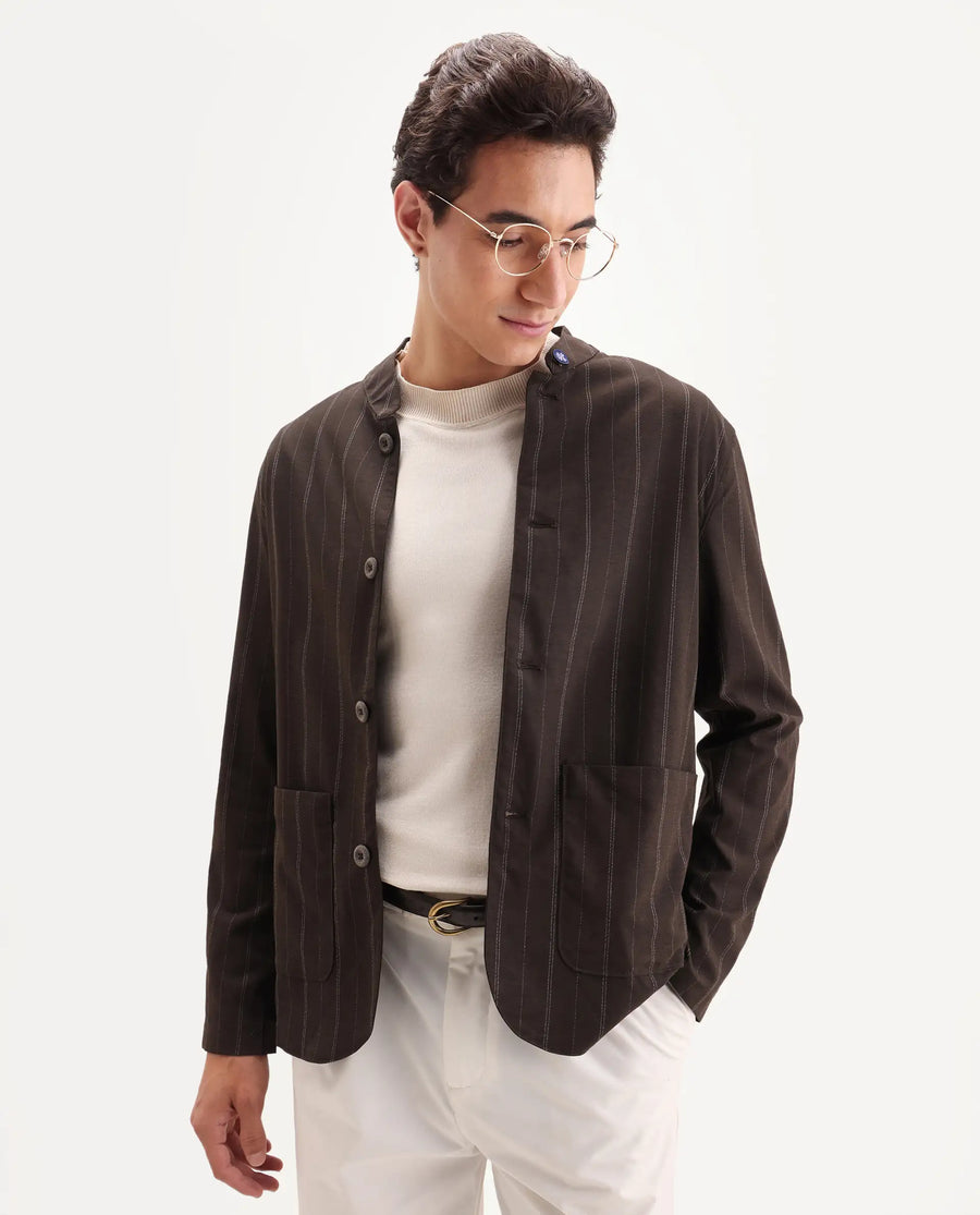 Rare Rabbit Men's Jars Brown Polyester Striped Print Regular Fit Full Sleeve Spread Collar Jacket