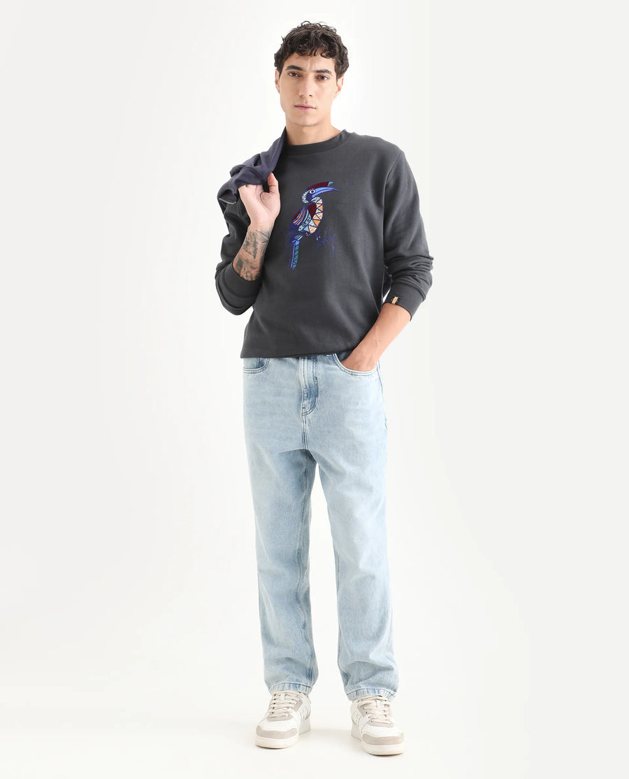 Rare Rabbit Men's Nantes Dark Grey Cotton Blend Graphic Print Boxy Fit Full Sleeve Crew Neck Sweatshirt