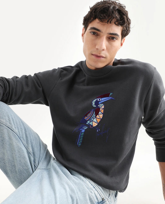 Rare Rabbit Men's Nantes Dark Grey Cotton Blend Graphic Print Boxy Fit Full Sleeve Crew Neck Sweatshirt