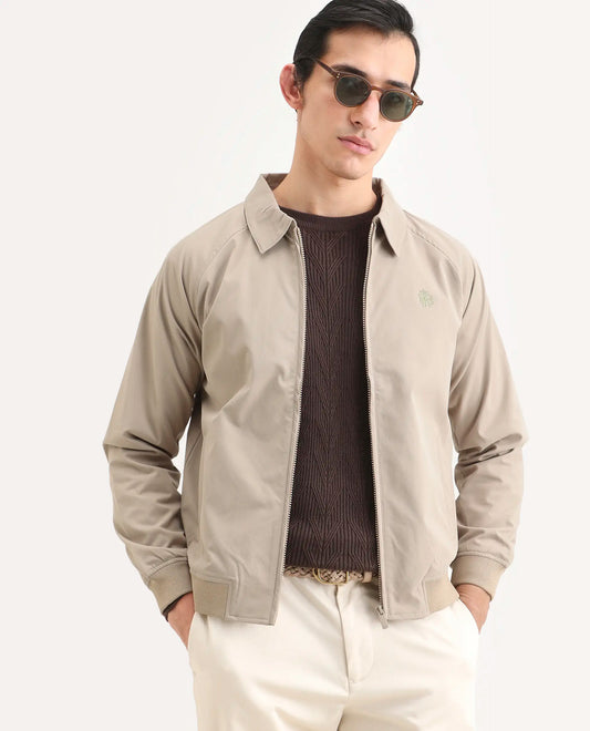 Rare Rabbit Men's Clayon Beige Polyester Embroidered Regular Fit Full Sleeve Spread Collar Jacket