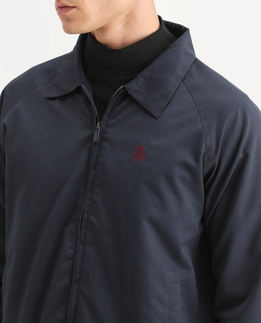 Rare Rabbit Men's Clayon Navy Polyester Embroidered Regular Fit Full Sleeve Spread Collar Jacket