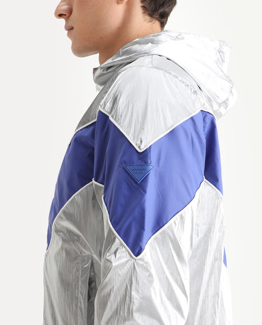 Rare Rabbit Men's Albi Silver Nylon Blend Metallic Regular Fit Full Sleeve Hooded Jacket