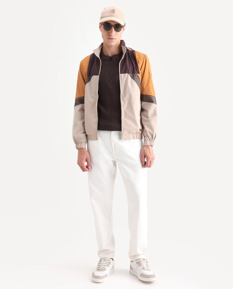 Rare Rabbit Men's Malo Beige Polyester Cut And Sew Regular Fit Full Sleeve High Neck Jacket