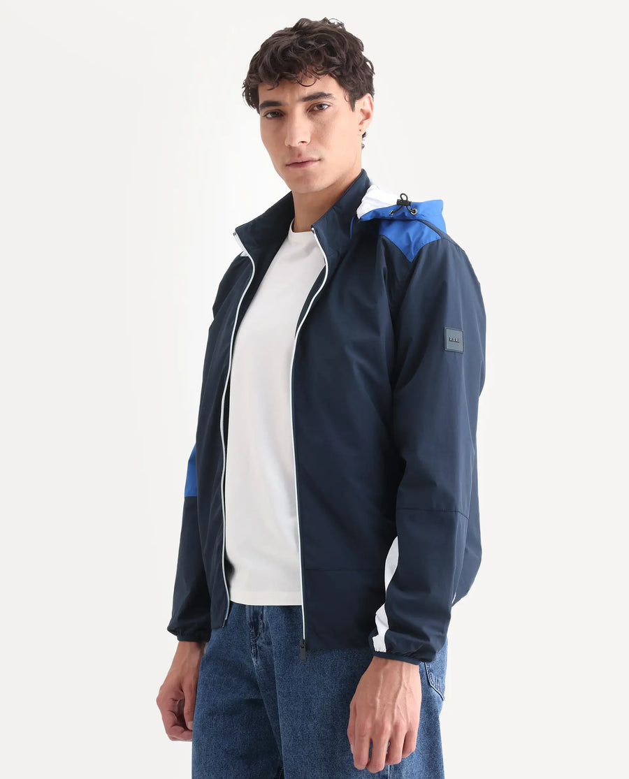 Rare Rabbit Men's Wando Dark Blue Polyester Blend Ombre Regular Fit Full Sleeve Hooded Jacket