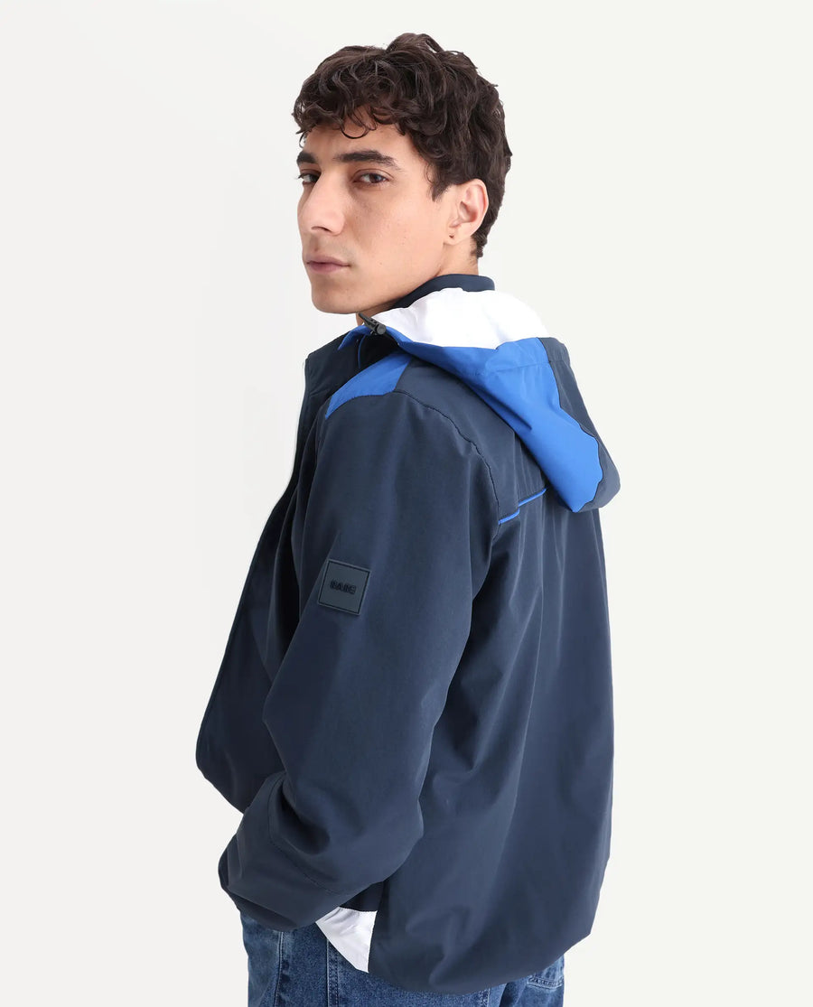 Rare Rabbit Men's Wando Dark Blue Polyester Blend Ombre Regular Fit Full Sleeve Hooded Jacket