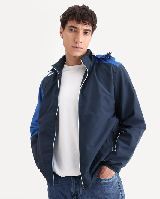 Rare Rabbit Men's Wando Dark Blue Polyester Blend Ombre Regular Fit Full Sleeve Hooded Jacket