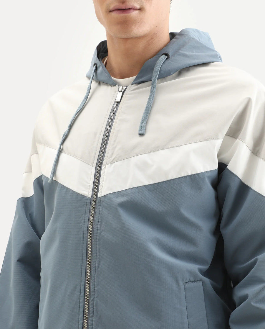 Rare Rabbit Men's Waber Light Blue Polyester Cut And Sew Regular Fit Full Sleeve Hooded Jacket
