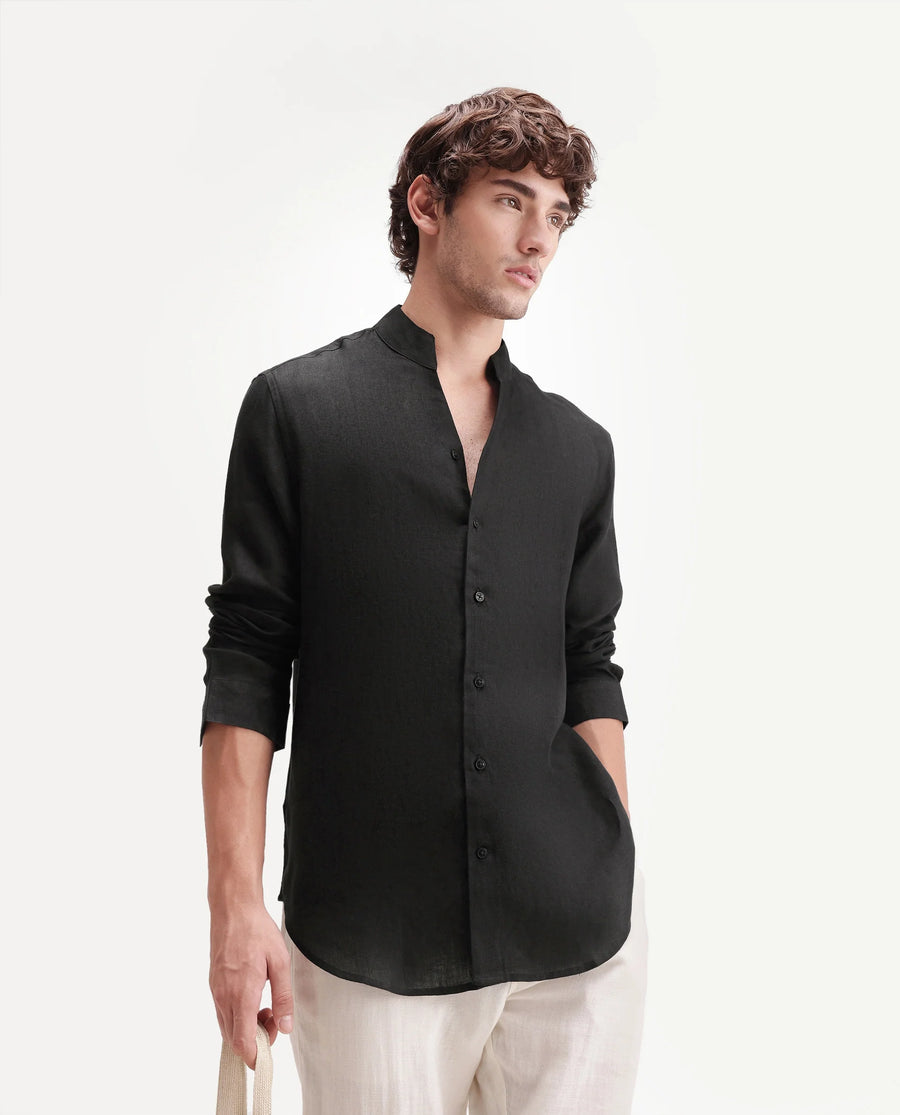 Rare Rabbit Men's Fig Black 100% Linen Plain Regular Fit Full Sleeve Mandarin Collar Shirt