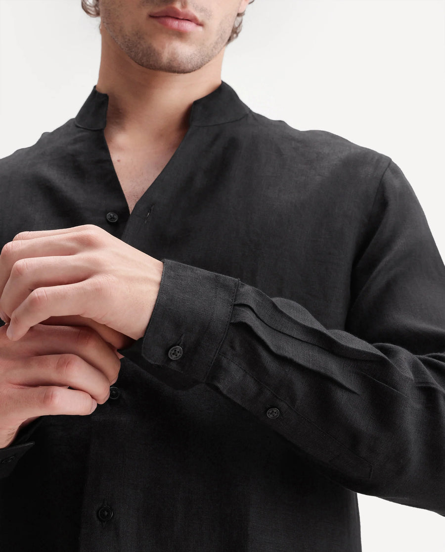Rare Rabbit Men's Fig Black 100% Linen Plain Regular Fit Full Sleeve Mandarin Collar Shirt