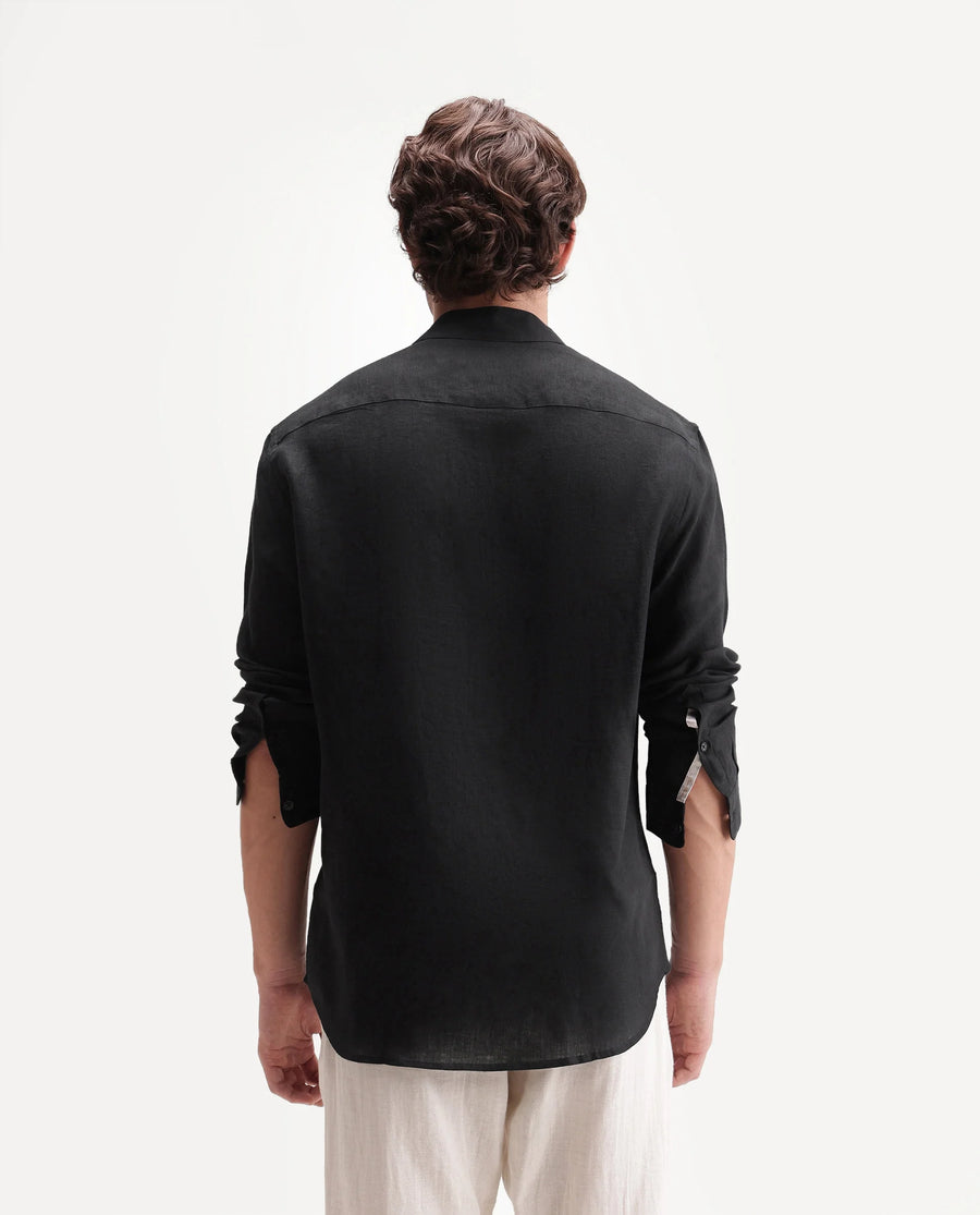 Rare Rabbit Men's Fig Black 100% Linen Plain Regular Fit Full Sleeve Mandarin Collar Shirt