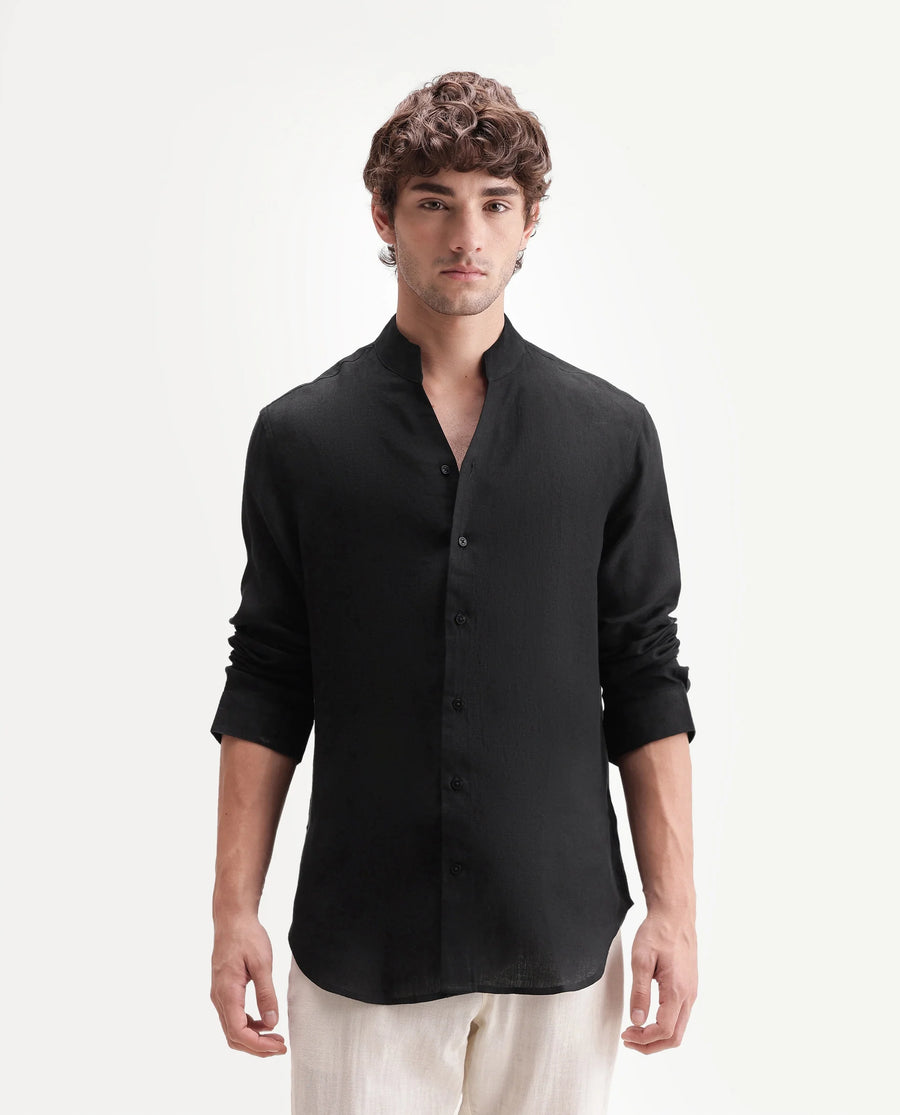 Rare Rabbit Men's Fig Black 100% Linen Plain Regular Fit Full Sleeve Mandarin Collar Shirt