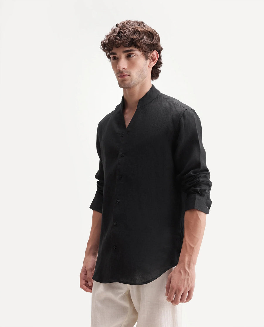 Rare Rabbit Men's Fig Black 100% Linen Plain Regular Fit Full Sleeve Mandarin Collar Shirt