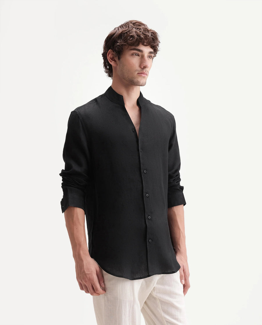 Rare Rabbit Men's Fig Black 100% Linen Plain Regular Fit Full Sleeve Mandarin Collar Shirt