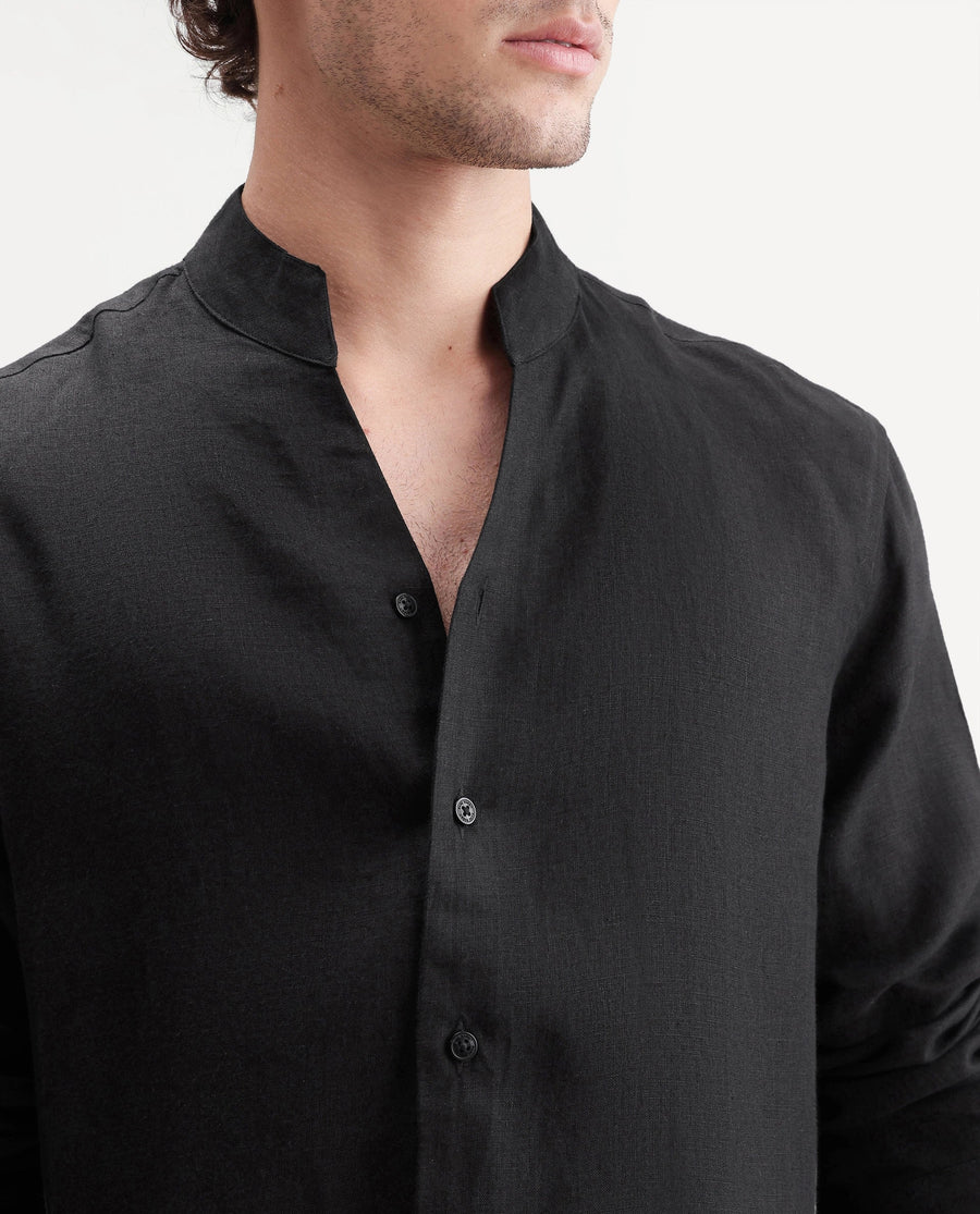 Rare Rabbit Men's Fig Black 100% Linen Plain Regular Fit Full Sleeve Mandarin Collar Shirt