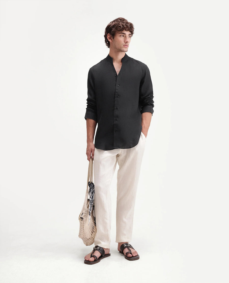 Rare Rabbit Men's Fig Black 100% Linen Plain Regular Fit Full Sleeve Mandarin Collar Shirt