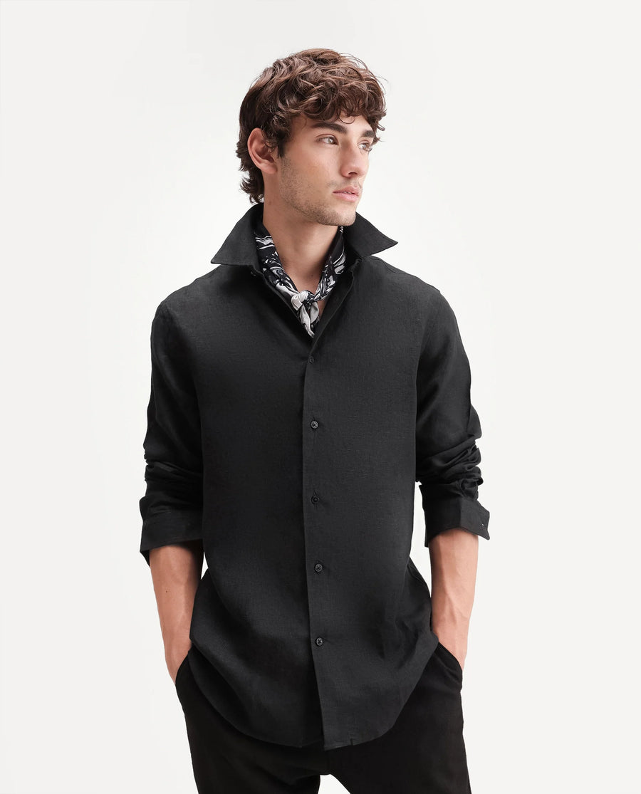 Rare Rabbit Men's Fign Black 100% Linen Plain Regular Fit Full Sleeve Collared Shirt