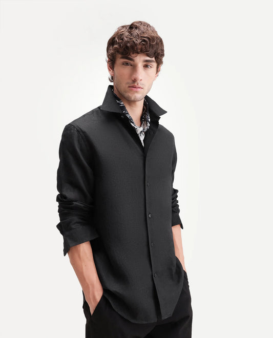 Rare Rabbit Men's Fign Black 100% Linen Plain Regular Fit Full Sleeve Collared Shirt
