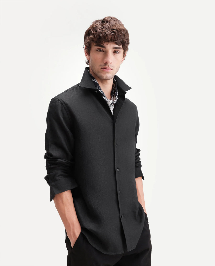Rare Rabbit Men's Fign Black 100% Linen Plain Regular Fit Full Sleeve Collared Shirt