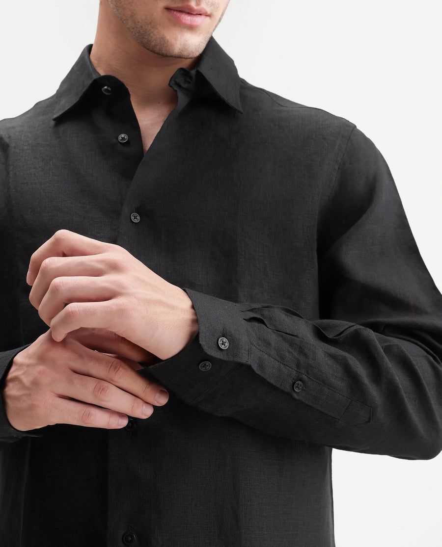 Rare Rabbit Men's Fign Black 100% Linen Plain Regular Fit Full Sleeve Collared Shirt
