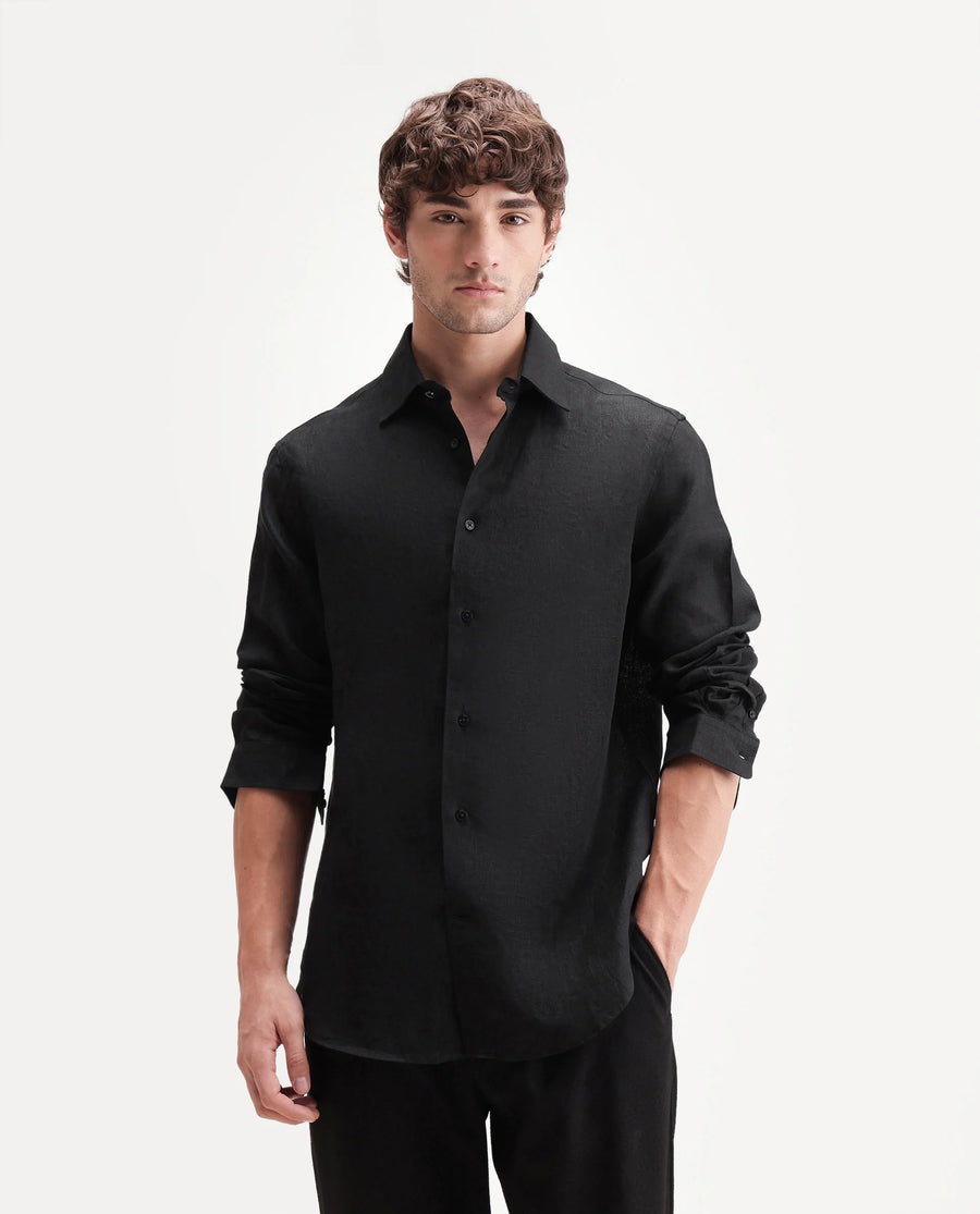 Rare Rabbit Men's Fign Black 100% Linen Plain Regular Fit Full Sleeve Collared Shirt