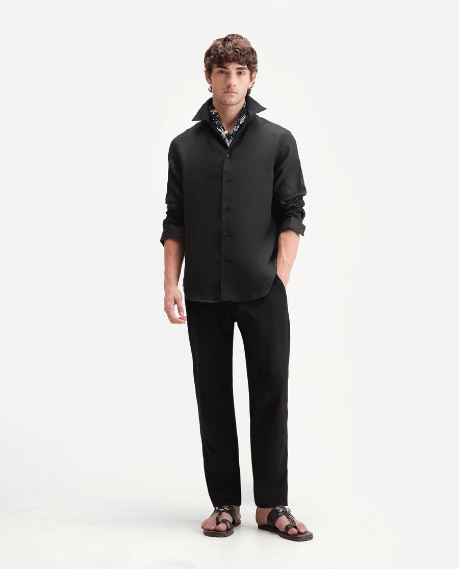 Rare Rabbit Men's Fign Black 100% Linen Plain Regular Fit Full Sleeve Collared Shirt