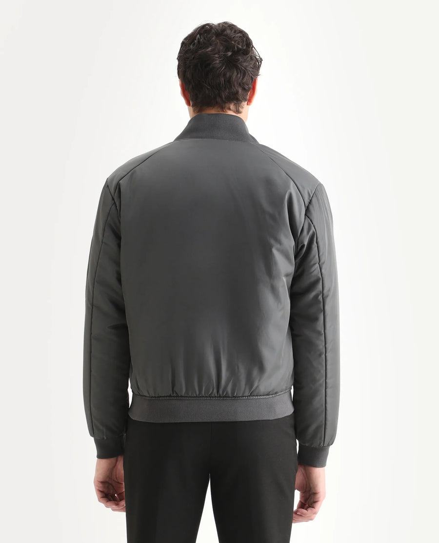 Rare Rabbit Men's Quoto Dark Grey Polyester Plain Regular Fit Full Sleeve Ribbed Collar Jacket