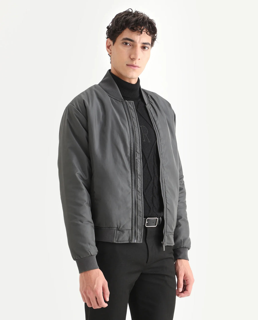 Rare Rabbit Men's Quoto Dark Grey Polyester Plain Regular Fit Full Sleeve Ribbed Collar Jacket