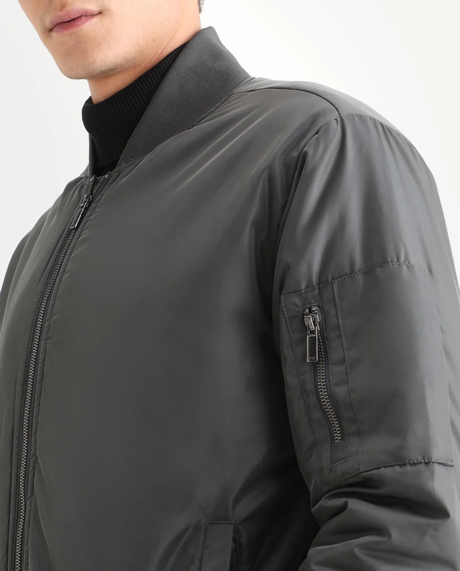 Rare Rabbit Men's Quoto Dark Grey Polyester Plain Regular Fit Full Sleeve Ribbed Collar Jacket