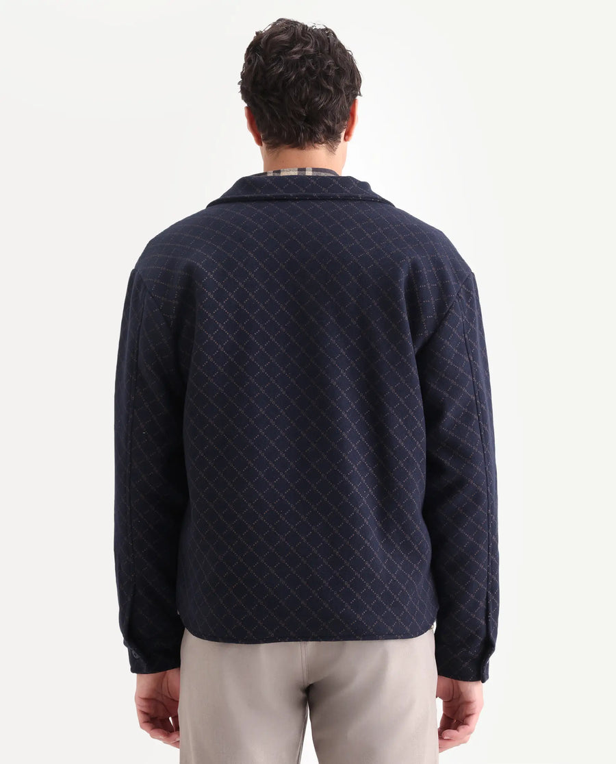 Rare Rabbit Men's Lybro Navy Polyester Monogram Print Regular Fit Full Sleeve Spread Collar Jacket