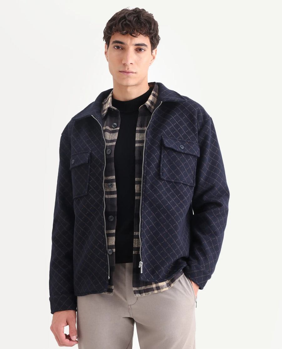 Rare Rabbit Men's Lybro Navy Polyester Monogram Print Regular Fit Full Sleeve Spread Collar Jacket