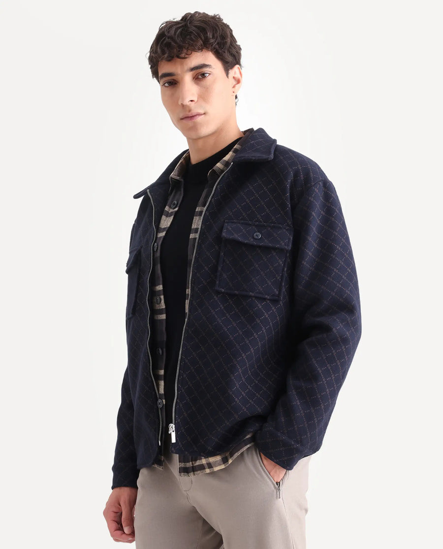 Rare Rabbit Men's Lybro Navy Polyester Monogram Print Regular Fit Full Sleeve Spread Collar Jacket