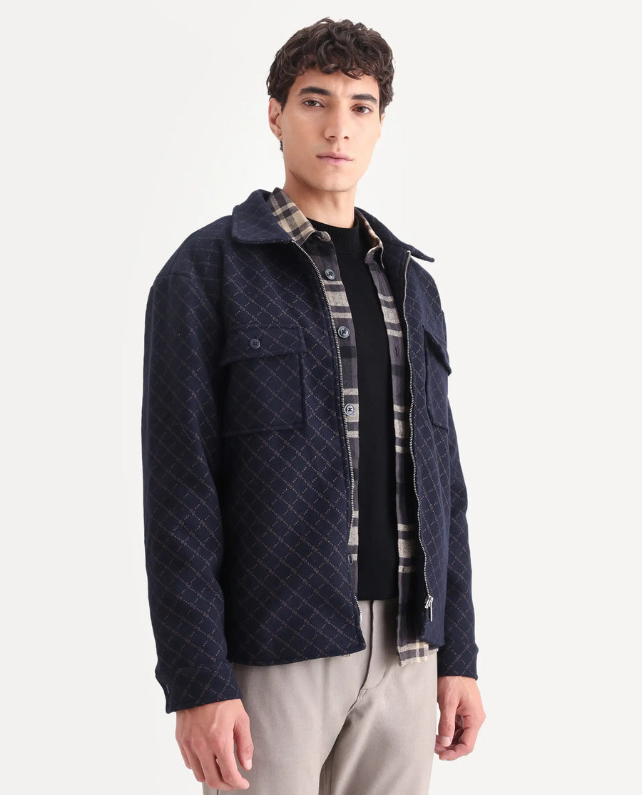 Rare Rabbit Men's Lybro Navy Polyester Monogram Print Regular Fit Full Sleeve Spread Collar Jacket
