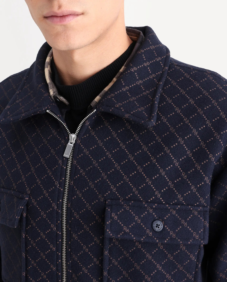 Rare Rabbit Men's Lybro Navy Polyester Monogram Print Regular Fit Full Sleeve Spread Collar Jacket