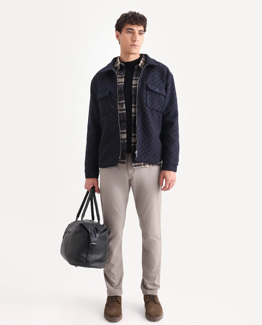 Rare Rabbit Men's Lybro Navy Polyester Monogram Print Regular Fit Full Sleeve Spread Collar Jacket