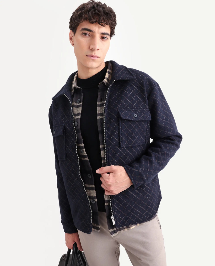 Rare Rabbit Men's Lybro Navy Polyester Monogram Print Regular Fit Full Sleeve Spread Collar Jacket