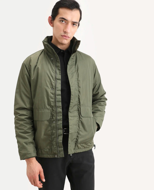 Rare Rabbit Men's Oba Dark Green Polyester Plain Relaxed Fit Full Sleeve High Neck Jacket
