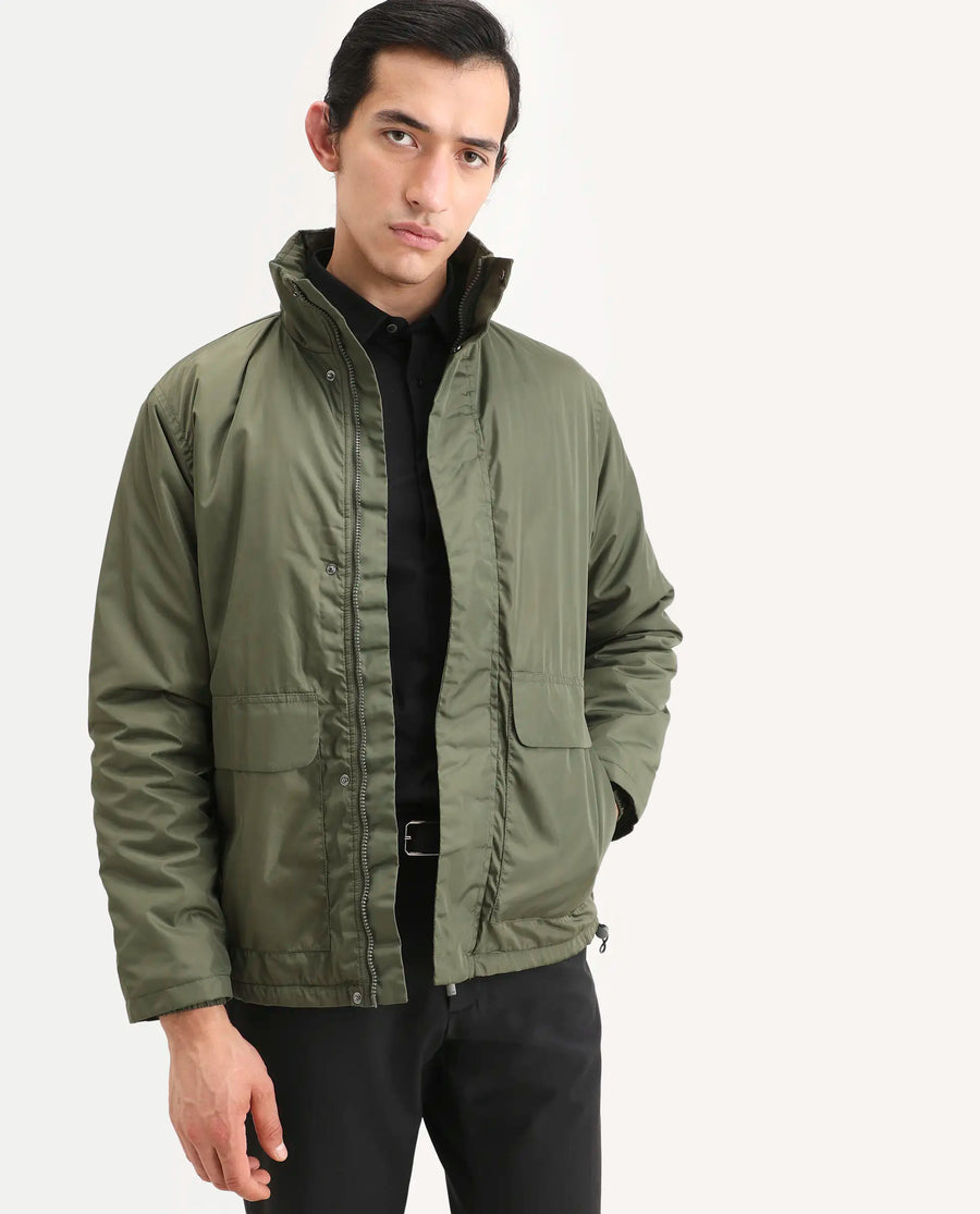 Rare Rabbit Men's Oba Dark Green Polyester Plain Relaxed Fit Full Sleeve High Neck Jacket