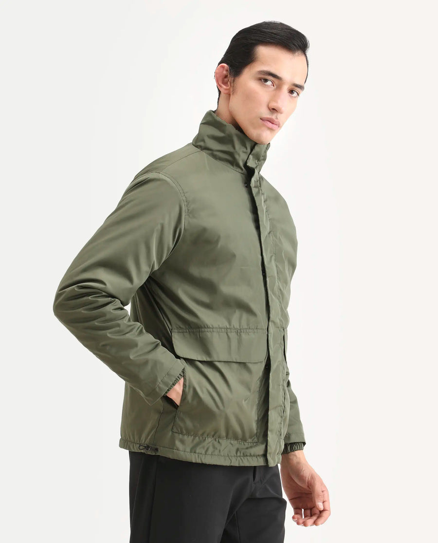 Rare Rabbit Men's Oba Dark Green Polyester Plain Relaxed Fit Full Sleeve High Neck Jacket