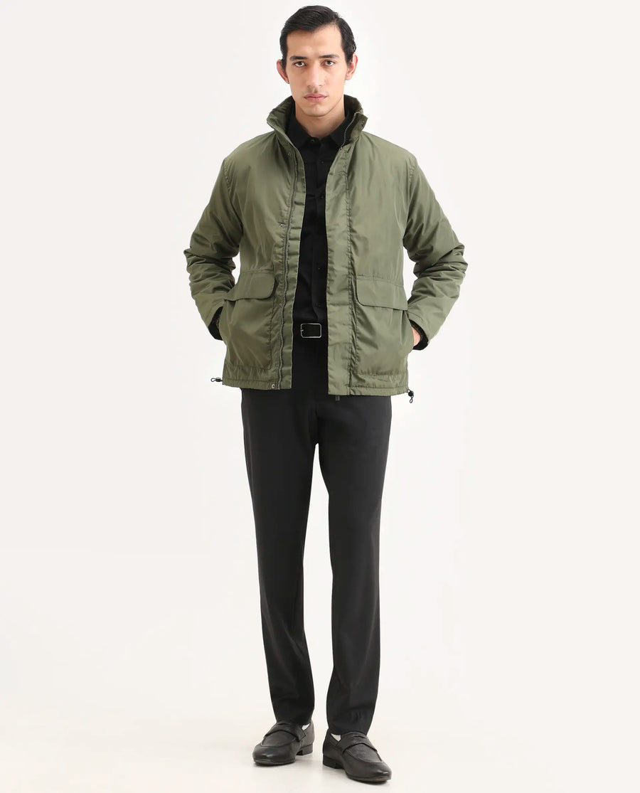 Rare Rabbit Men's Oba Dark Green Polyester Plain Relaxed Fit Full Sleeve High Neck Jacket