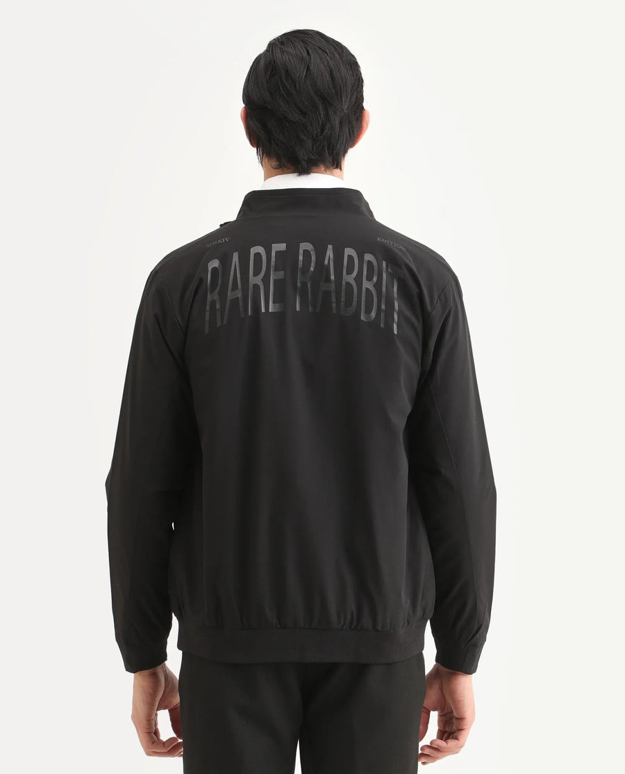 Rare Rabbit Men's Niger Black Polyester Typography Print Relaxed Fit Full Sleeve High Neck Jacket