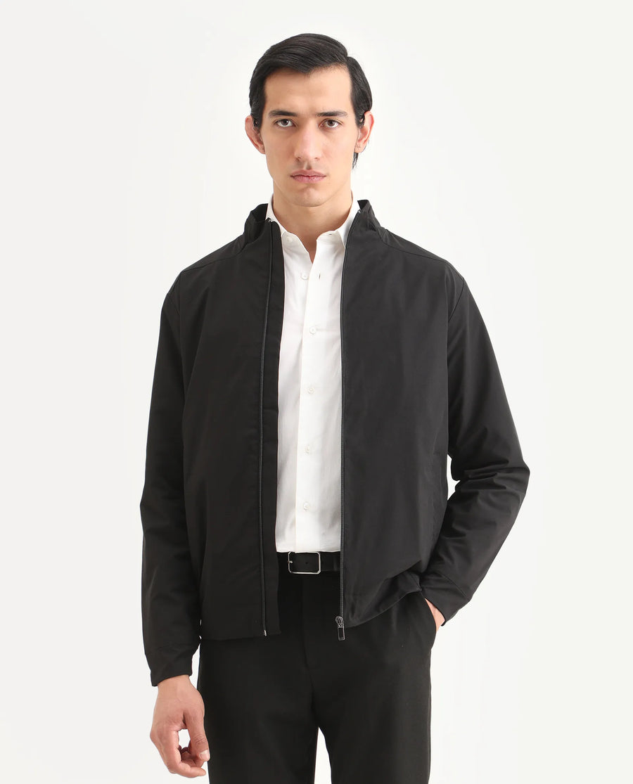 Rare Rabbit Men's Niger Black Polyester Typography Print Relaxed Fit Full Sleeve High Neck Jacket