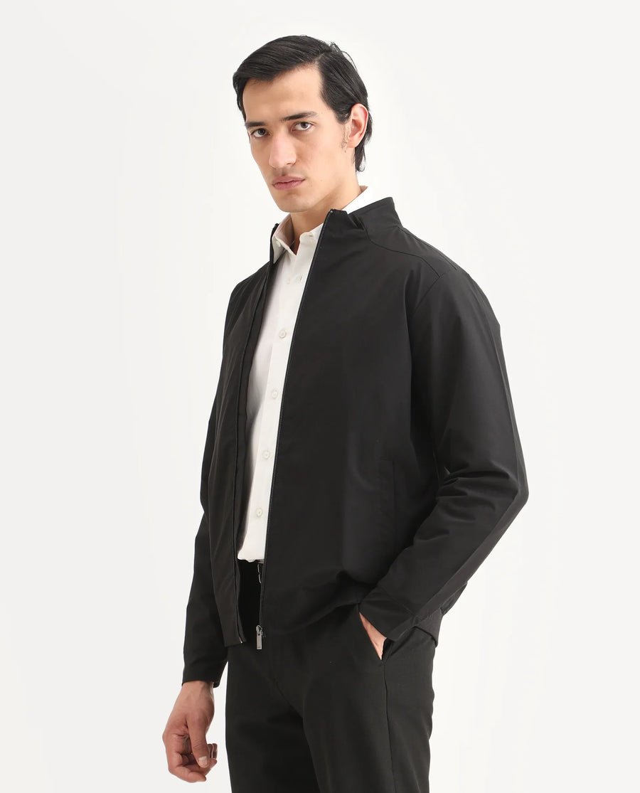 Rare Rabbit Men's Niger Black Polyester Typography Print Relaxed Fit Full Sleeve High Neck Jacket
