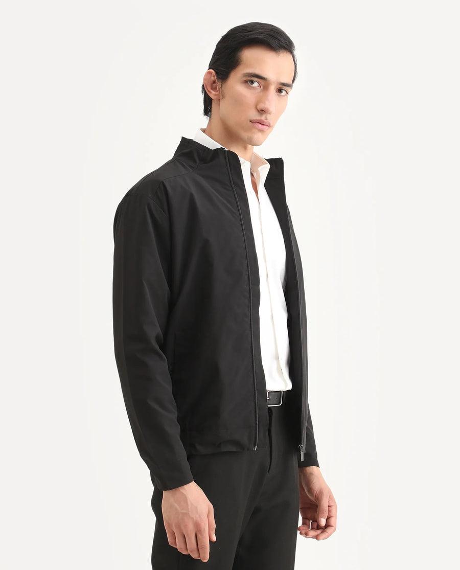 Rare Rabbit Men's Niger Black Polyester Typography Print Relaxed Fit Full Sleeve High Neck Jacket