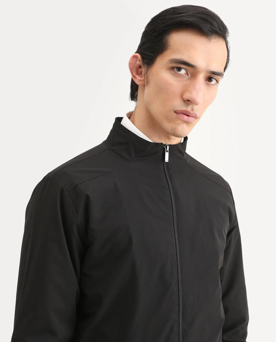 Rare Rabbit Men's Niger Black Polyester Typography Print Relaxed Fit Full Sleeve High Neck Jacket